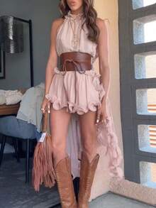 Women's Spring/Summer Solid Color Elegant Ruffled Sleeveless Short Dress Set Casual Vacation Chiffon Two-Piece Set - 粉色 - 查看 5