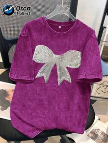 1 camiseta vintage con estampado de lazo de lentejuelas y efecto desgastado, de una marca americana de moda, de algodón lavado con cuello redondo y manga corta, personalizada, adecuada para vacaciones, salidas, uso casual, deportes, regalos y otras ocasiones. 100% algodón, 180g. - Negro - Ver 8