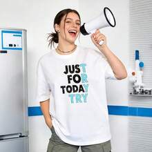 Ropa de verano para mujer, camiseta de algodón suave y casual con cuello redondo, solo por hoy, prueba el patrón de estampado de letras. Negro. - Blanco - Ver 2
