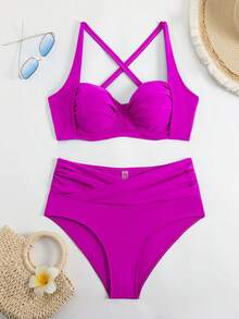 Traje de baño bikini de cintura alta de color sólido y estilo sexy, nuevo en - Rosa Fucsia - Ver 10