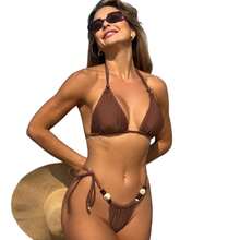 Bikini sexy sin espalda de color sólido con tiras ajustables y cuello halter con cuentas bikiniTEMU - Marrón oscuro - Ver 6