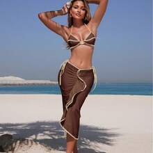 Nuevo traje de baño de tres piezas para mujer, de color sólido, moderno y sexy, con falda larga y estilo bikini. - 9333 Juego de tres piezas negro - Ver 4