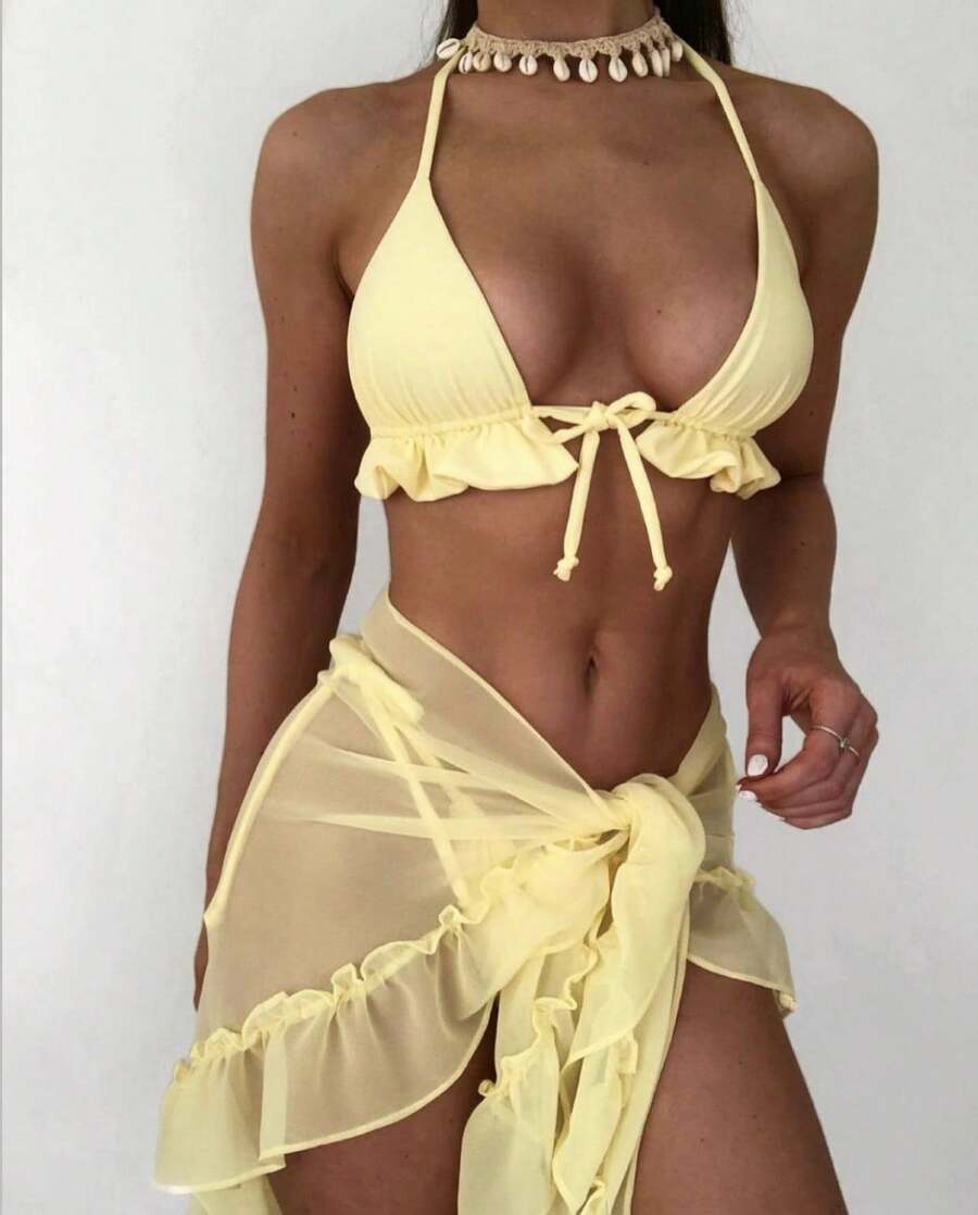 New Bikini Swimsuit With Pleated Mesh Skirt - 黃色 - 查看 1