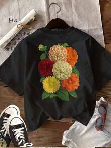 Camiseta Holgada Sencilla Mujer Estilo Moderno Top Casual de Primavera y Verano para Mujer con Estampado Floral de Doble Cara, Estilo Vintage con Dalias y Hojas Verdes, Cuello Redondo, Camiseta de Manga Corta.Camiseta Mujer Estampado Gráfico  Verano 2026 - Negro - Ver 3