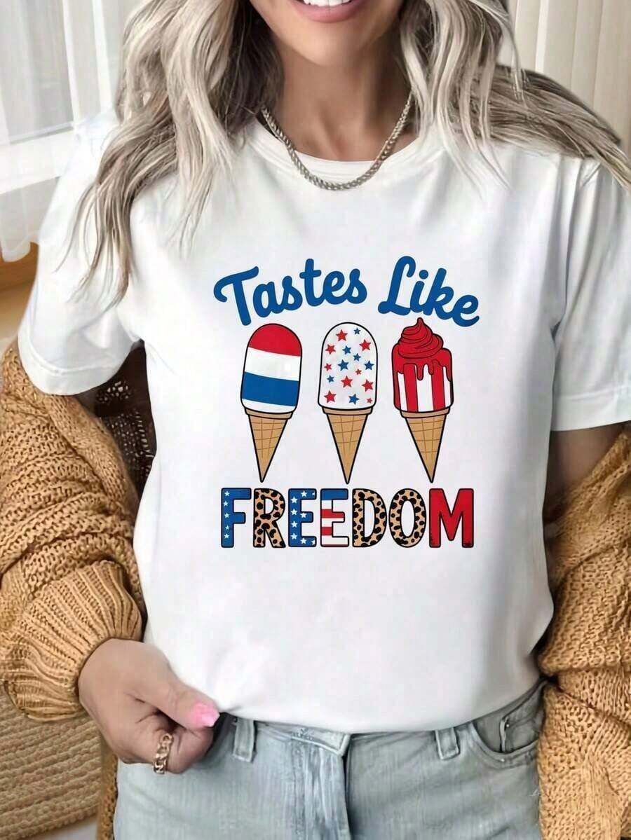 Camiseta de Mujer con Cuello Redondo y Mangas Cortas, Diseño Patriótico con la Bandera Americana, Impresión Divertida, Ideal para Fiestas de Navidad, Actividades Deportivas, Fiestas de Vacaciones, Salidas, Deportes y Otros Regalos Festivos (220g). Camiseta de algodón cómoda para mujer - Blanco - Ver 1