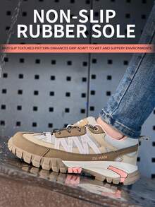 Zapatos de moda estacional para mujer con cordones, diseñados para prevenir aplastamientos y pinchazos, adecuados para trabajo, minería y construcción - Caqui - Ver 7