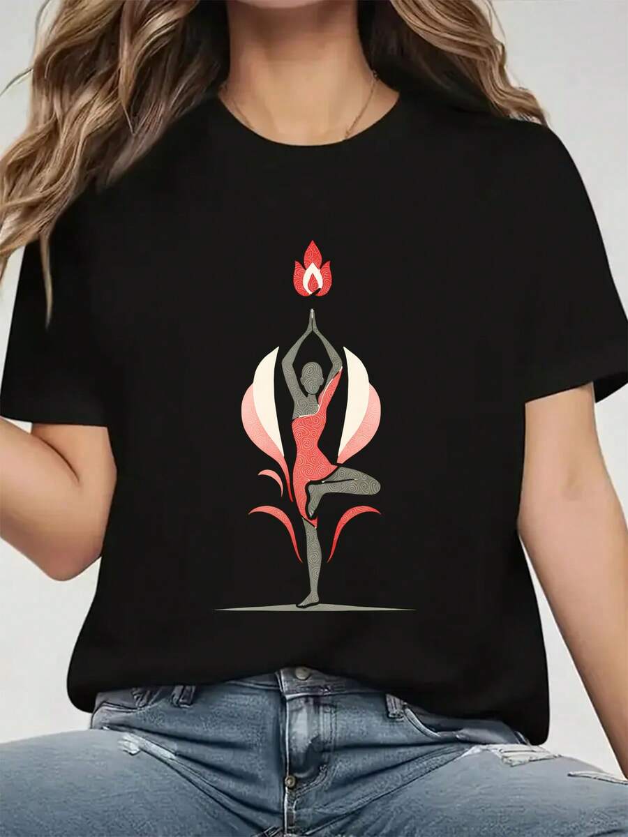 Women's Yoga T-Shirt With Flame Print - Elastic Crew Neck, Comfortable For All Seasons, For Yoga, Parties, Weddings And Casual Wear, Yoga Clothing - 黑色 - 查看 1