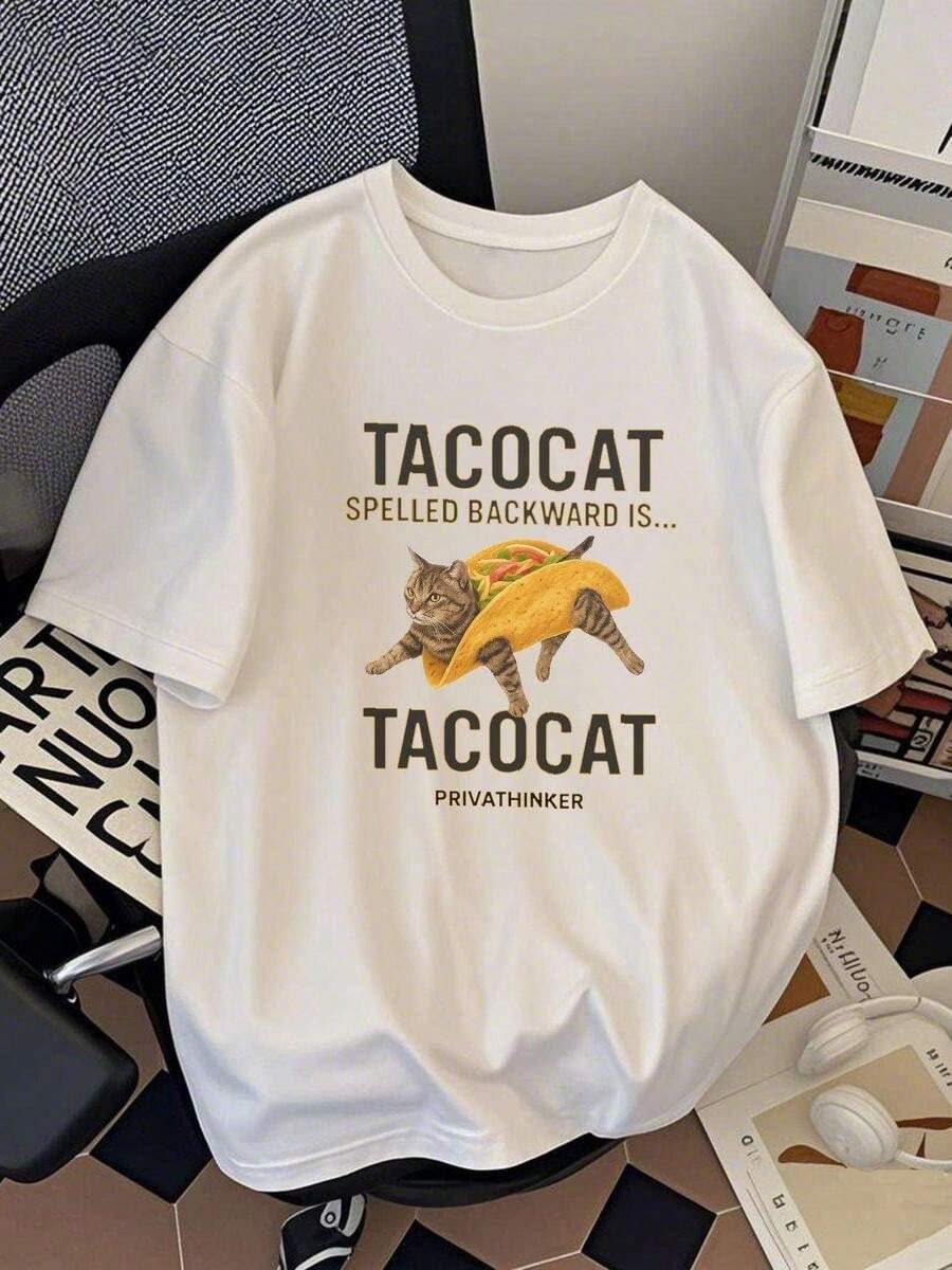 Men's Casual Crew Neck T-Shirt - 100% Cotton Knit Fabric, Short Sleeve, Loose Fit, Taco Cat Graphic Print, Weekend Casual Style - Crew Neck T-Shirt - 白色 - 查看 1