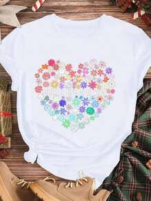 Elegante y casual, camiseta de algodón de manga corta para mujer, con estampado floral de corazones que celebra la diversidad de pensamientos, ropa casual blanca para primavera y verano. - Blanco - Ver 3
