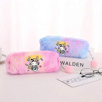 SANRIO 1个三丽鸥可爱渐变毛绒铅笔盒，创意卡通图案文具包，时尚简约桌面收纳袋，适用于文具和办公用品