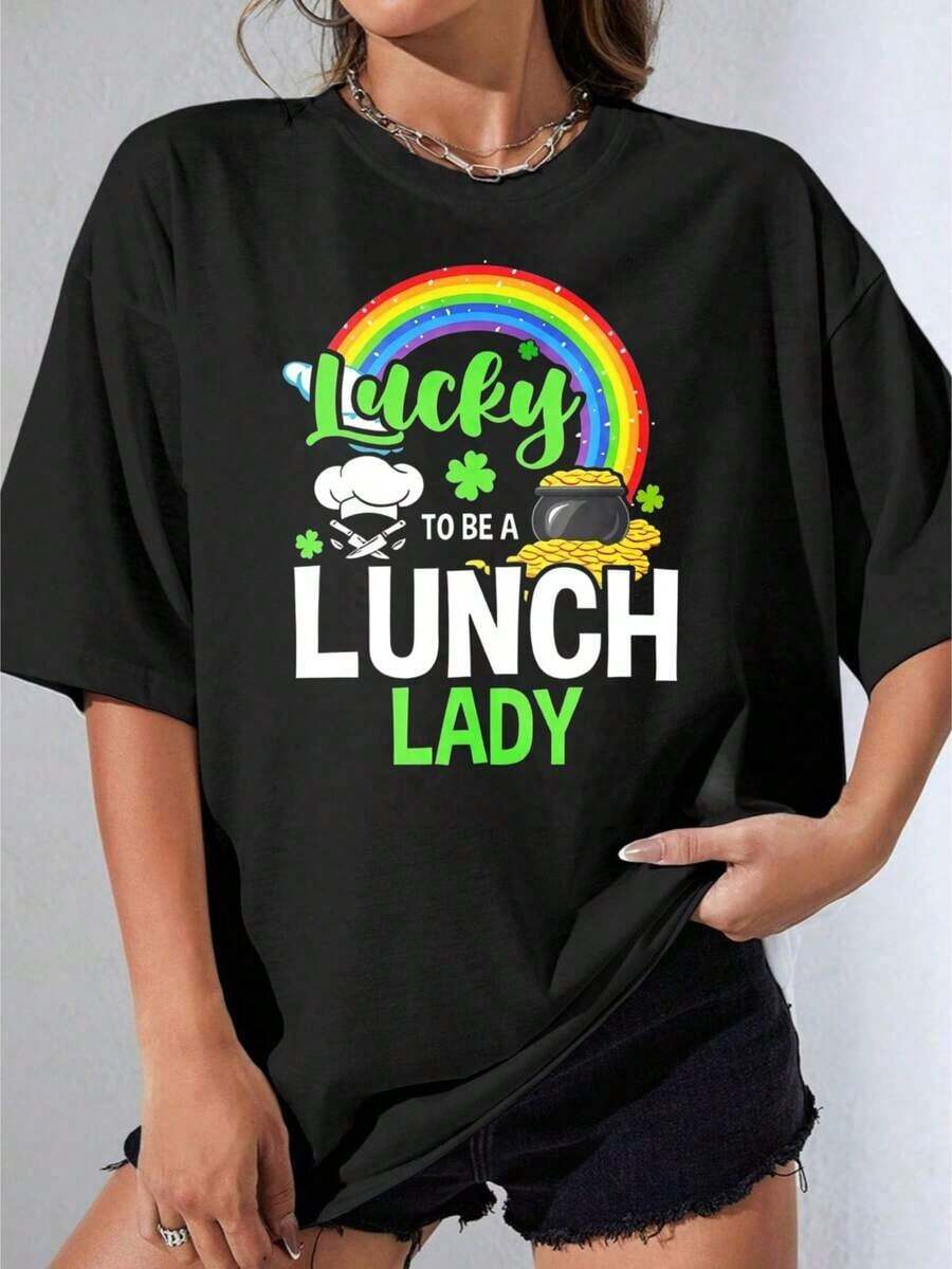 Women's T-Shirts, Casual Short Sleeve Party T-Shirt, White "OneLucky To Be A Lunch Lady" T-Shirt With Rainbow, Pot Of Gold And Shamrock Print For St. Patrick's Day Celebration, 180g - 黑色 - 查看 1