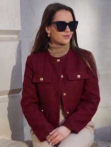 2026 New Short Jacket - Wool Texture, Round Neck, Gold Buttons, Flap Pockets - Burgundy - View 3