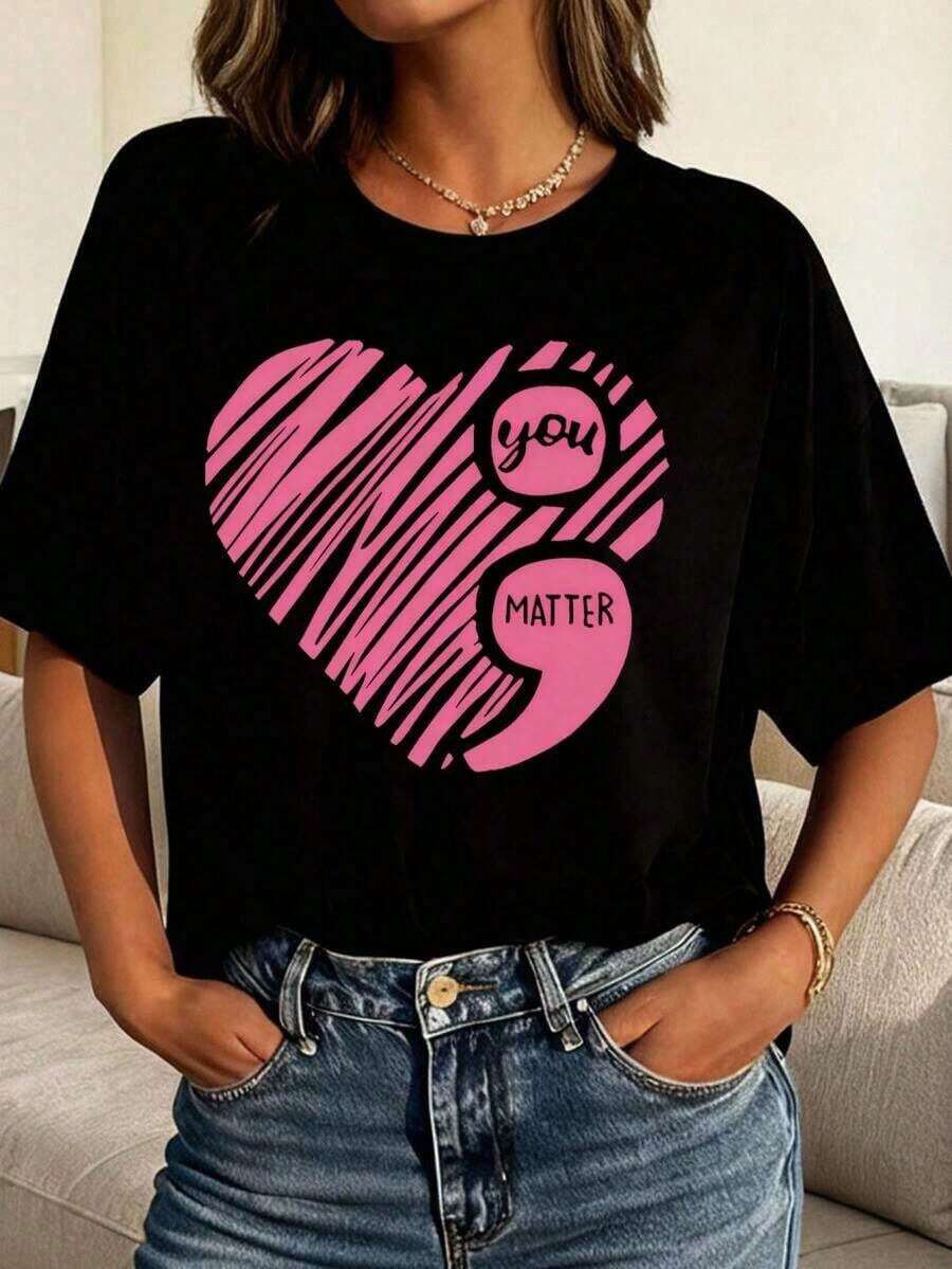 Camiseta De Manga Corta Casual Con Cuello Redondo Y Estampado You Matter En La Parte Delantera Y Trasera Para Mujeres.Camisetas GráFicas .Jpg, Tops Cortos Para Mujeres, Atuendos De Verano Para Mujeres, Tops De Verano, Camiseta RDKR - Negro - Ver 1