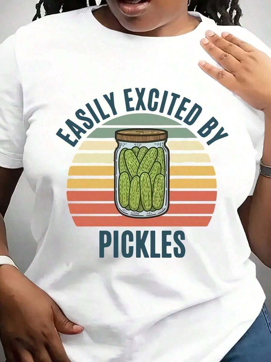 Camiseta Gráfica Divertida de Pepinillos para Mujer - Frases Inspiradas en la Serie "Easily Excited By Pickles" - Camiseta Blanca Suave y Transpirable - Camiseta Casual para Uso Diario, Picnics, Amantes de los Pepinillos - Camiseta Lavable a Máquina, Ropa para Picnic, Camiseta con Estampado Retro, Ligeramente Elástica, Ropa para Exteriores, Diseño Divertido, Camiseta Ligera, Camiseta de Cuello Redondo, para Entusiastas - Blanco - Ver 1