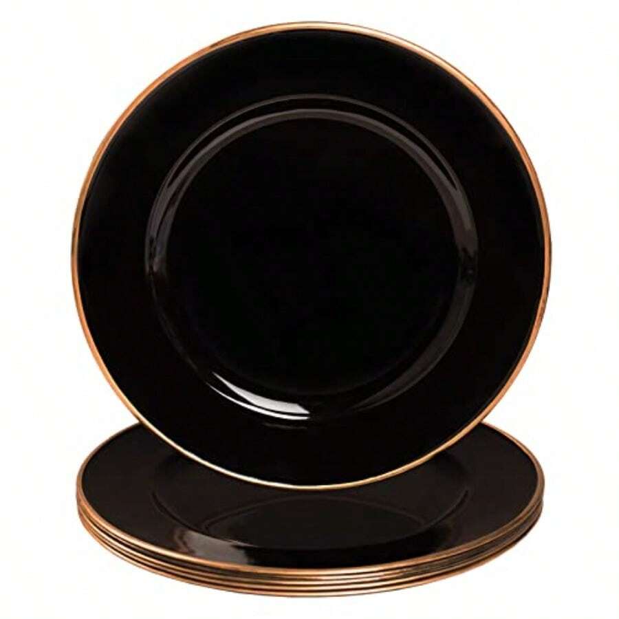 MAONAME Juego de 6 platos de carga s de 13 pulgadas, cargadores redondos con dorado, placas de carga decorativas de plástico para bodas, decoración de mesa - Borde dorado negro - Ver 1