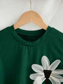 Atasan Tanpa Lengan Kasual untuk Anak Perempuan dengan Dekorasi Bunga 3D, Warna Polos, Musim Panas - Dark Green - View 3