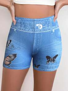 Pantalones cortos de verano para mujer, de uso diario, cintura alta, elásticos, ajustados, sexys, azules, con estampado no vaquero. - Patrón de mariposa - Ver 5