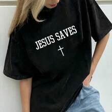 Camiseta Unisex "Jesús Salva", Camisetas con Versículos Bíblicos para Mujer, Tops Suaves y Cómodos para Uso Diario, Ropa Casual, Camisetas para Mujer, Camiseta Oversize para Mujer, Camiseta con Estampado Gráfico - Negro - Ver 4