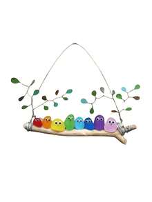 1件彩色海玻璃鳥掛飾，手工彩虹壓克力壁飾附漂流木枝，適用於室內/室外居家花園陽台裝飾 - 彩色 - 查看 7