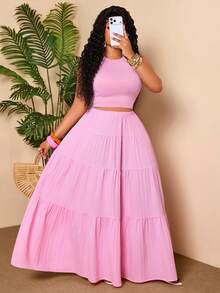 BIUBIU Femmes grande taille Top Court Rose à Col ras-du-cou avec Nœud Dos et Jupe Maxi Étagée Fluide, Ensemble Élégant Deux Pièces pour l'Été - Rose pâle - Voir 4