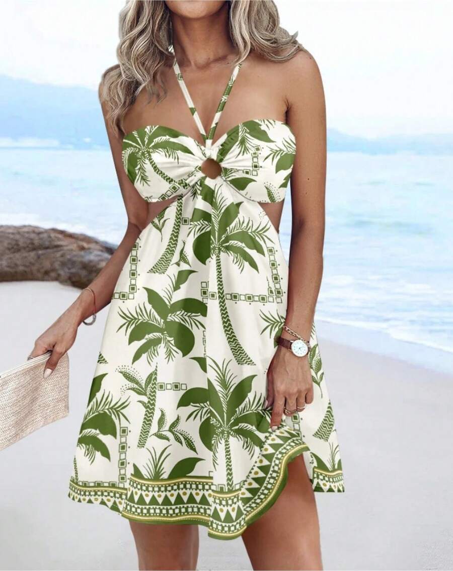 Minivestido casual con estampado floral, cuello halter, detalle atado, espalda elástica fruncida y diseño calado en línea A, ideal para vacaciones. - verde - Ver 1