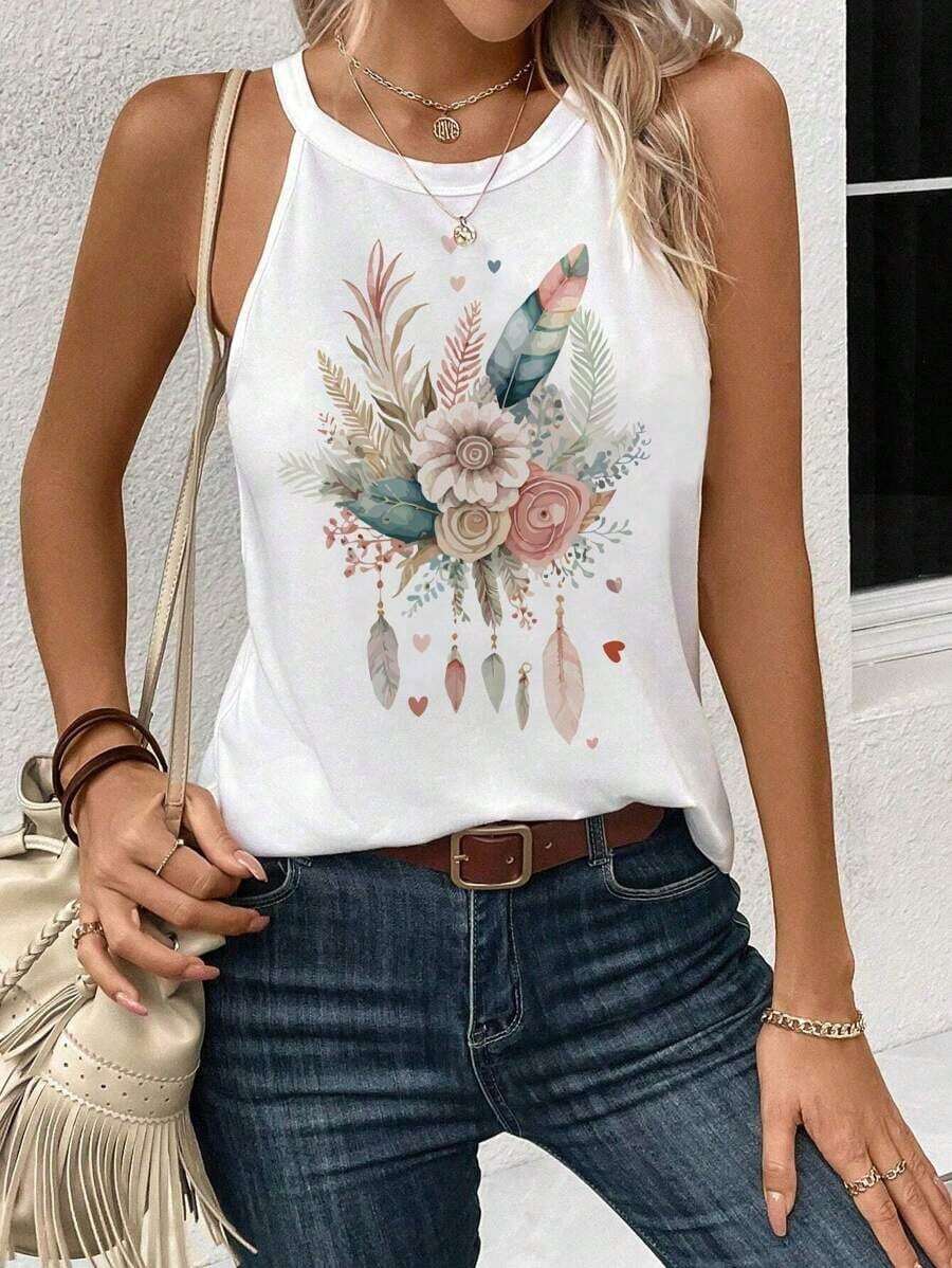 Camiseta de tirantes con cuello halter y estampado floral casual, ajuste ceñido para mujer, adecuada para el verano y el regreso a la escuela - Blanco 2 - Ver 1