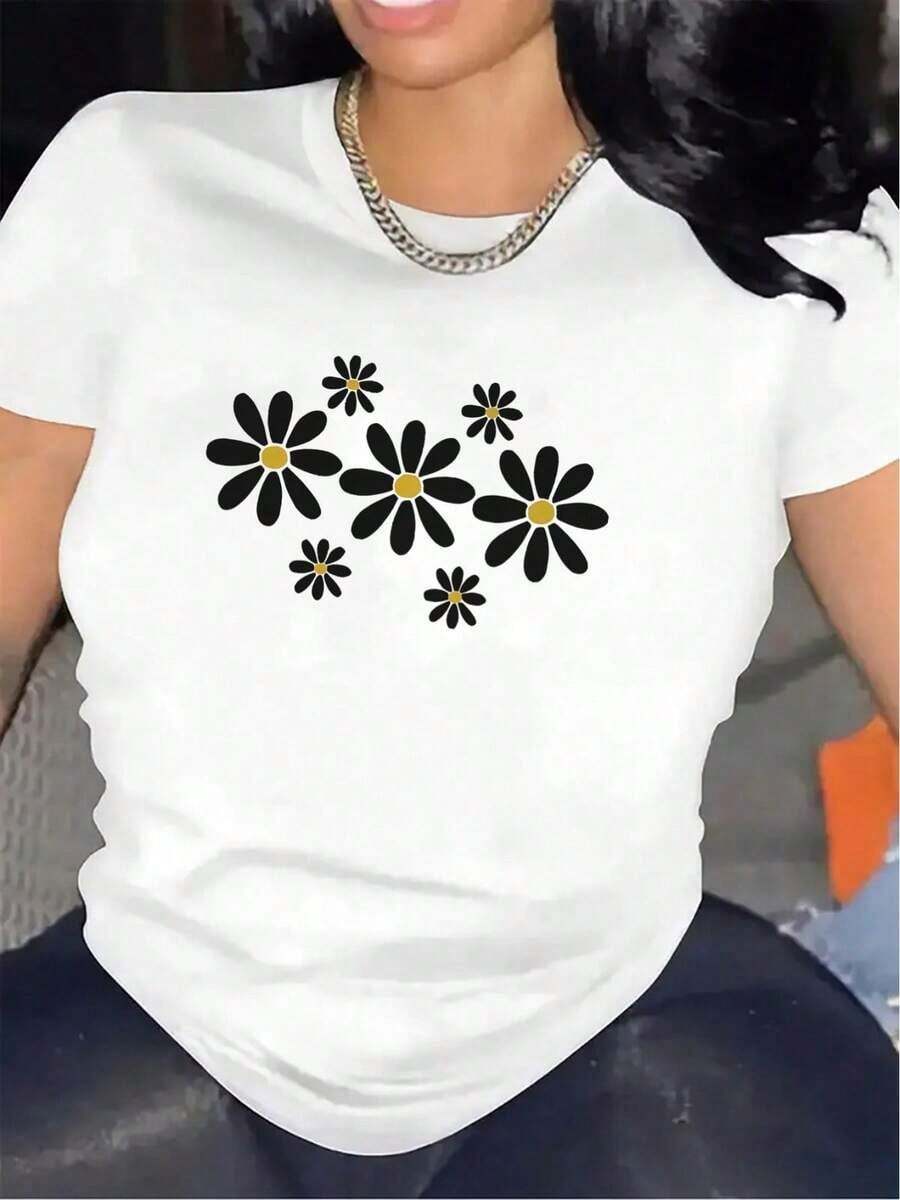100% cotton Camiseta de Manga Corta con Estampado de Margaritas, Tejido de Poliéster, Ligera y Duradera, Ideal para Uso Casual en Casa, Restaurante o Ambientes al Aire Libre - Blanco - Ver 1