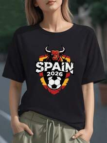 Toro rojo con balón de fútbol y texto Spain 2026 que simboliza la pasión y fuerza de España rumbo a la victoria camiseta para mujer 100% algodón cómoda y resistente - Negro - Ver 6