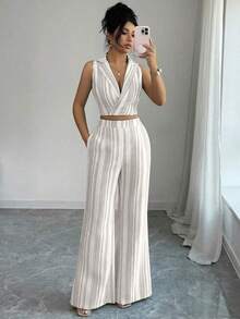 conjunto de 2 piezas de primavera/verano con top sin mangas de lino texturizado a rayas azul y blanco, y pantalones casuales acampanados con bolsillos duales, elegante estilo casual - Gris Claro - Ver 4