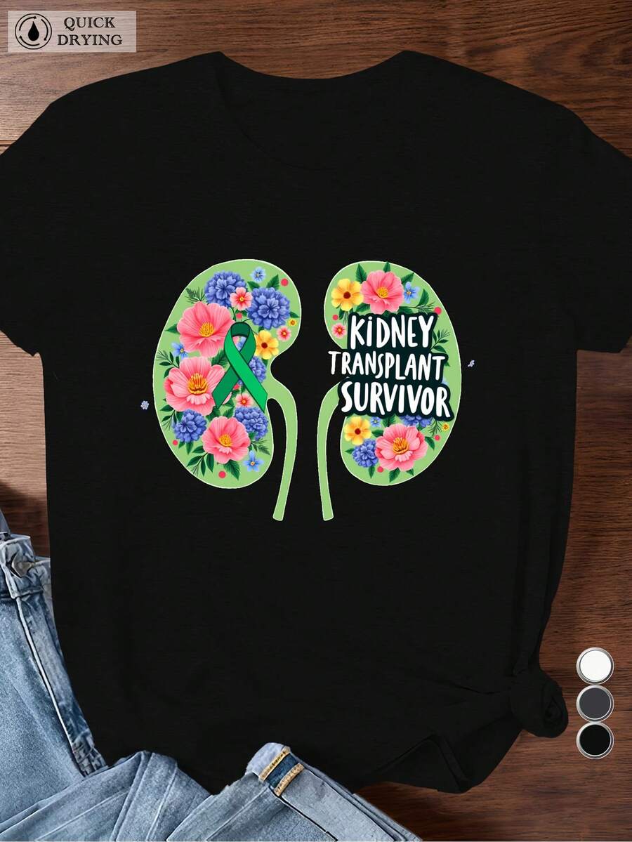 Oferta por tiempo limitado, unidades limitadas, ¡ relámpago! Camiseta casual para mujer, elegante, diseñada especialmente para quienes han superado un trasplante de riñón: El diseño expresa apoyo a los receptores de trasplantes renales. Camiseta casual de manga corta y cuello redondo, ropa postoperatoria, lavable a máquina, dedicada a quienes han superado un trasplante y a sus seres queridos. - Negro - Ver 1