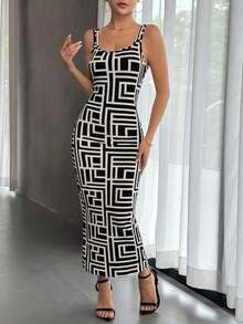 Vestido ajustado de tirantes con estampado geométrico - Blanco y Negro - Ver 1