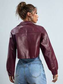 Chaqueta corta de PU con bolsillo con solapa y hombros caídos para mujer, ideal para primavera, otoño e invierno - Burdeos - Ver 2