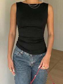Blusa social sin espalda, tops de verano para mujeres de unicolor, cuello redondo, sin espalda, casual, versátil, camiseta diaria, tops sin espalda para mujeres, tops con espalda abierta para mujeres, tops sin espalda para el verano - Negro - Ver 7