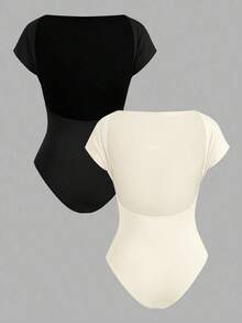 Conjunto de 2 piezas sexy para mujer, body casual con escote barco, sin espalda, de manga corta, ajustado, apropiado para el verano - Multicolor - Ver 2