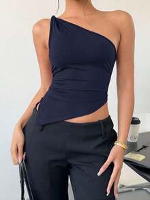 Top elegante de un hombro con un giro en color rojo burdeos delgado para mujer - azul real - Ver 6