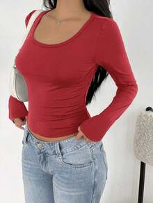 Camiseta de manga larga de ajuste ceñido con cuello alto y mangas raglán, estilo minimalista casual para mujer, primavera/otoño - Rojo - Ver 4
