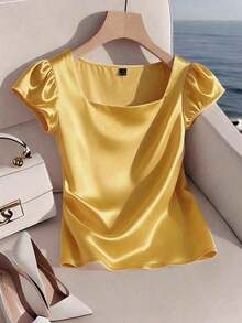 Blusa casual elegante de satén con cuello cuadrado francés, mangas de pétalos y pliegues, adecuada para ir al trabajo, uso diario, reuniones y fiestas, primavera/verano - Amarillo - Ver 5