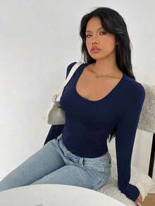 Camiseta de manga larga de ajuste ceñido con cuello alto y mangas raglán, estilo minimalista casual para mujer, primavera/otoño - Azul marino - Ver 4