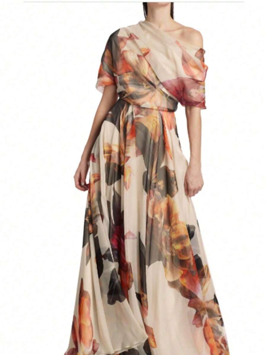 Elegant Women's Floral Print Asymmetrical Wrap A Line Midi Dress with Regular Sleeves - Albaricoque - Ver 1