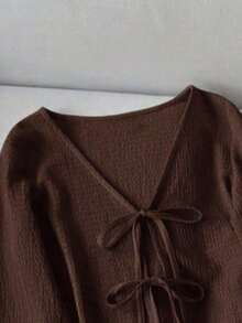 Conjunto de camisa y pantalones cortos de mujer casual de unicolor con lazo - Marrón - Ver 3