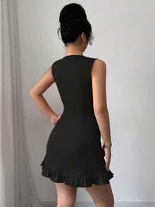 Nuevo vestido mini ajustado de mujer con cuello redondo, diseño de lazo, abertura lateral sin mangas, vestido de oficina, cita y fiesta, elegante y versátil con diseño de color block y volantes - Negro - Ver 2
