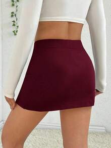 Falda de verano, falda recta con aberturas laterales para mujer, falda casual y sexy de cintura alta con corte mini, lisa, negra, para uso diario casual en primavera/verano - Burdeos - Ver 2
