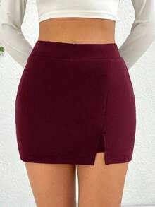 Falda de verano, falda recta con aberturas laterales para mujer, falda casual y sexy de cintura alta con corte mini, lisa, negra, para uso diario casual en primavera/verano - Burdeos - Ver 3