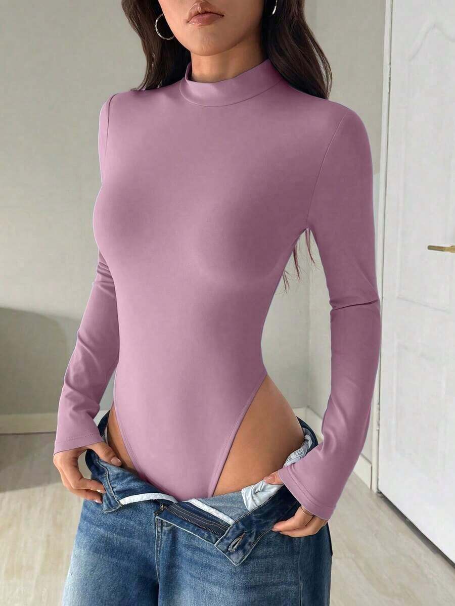 Body de mujer con cuello alto y manga larga, de uso casual - Rosa vieja - Ver 1