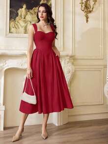 Vestido de mujer elegante y vintage con bolsillos, vestido casual para té, fiesta, vacaciones, verano, para fiesta, boda, graduación, cumpleaños, Pascua y primavera - Rojo - Ver 2