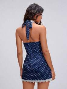 Vestido estilo evasé de encaje con escote halter de lunares azul marino para uso casual/diario en verano - Azul marino - Ver 2