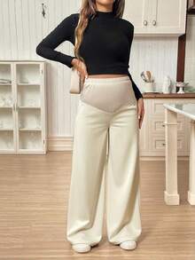 Pantalones casuales de unicolor con bolsillo para mujeres embarazadas, para uso diario - Albaricoque 2 - Ver 3
