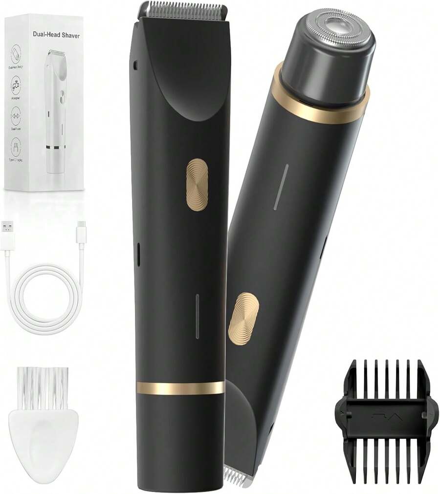 Body Trimmer For Men, Groin & Pubic Hair Trimmer, Dual-Head Electric Body Groomer For Chest, Legs, Underarms & Below-The-Waist Care, USB-C Rechargeable, Rinse-Clean, Gift For Him(Black Gold) - Black - View 1