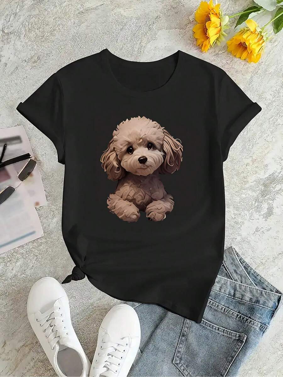 Camiseta Casual de Manga Corta para Mujer con Estampado de Perro Lindo - Cuello Redondo Suave y Elástico, Lavable aáquina, Cómoda para Todas las Estaciones, Ropa Casual, Diseño Divertido, Fácil de Cuidar, Camisa de Moda, Patrón Abstracto, Material Elástico, Blusa Elegante, Verano - Negro - Ver 1