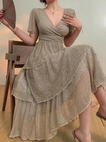 Vestido midi con escote en V, volantes en las mangas y lentejuelas, elegante para invitadas de boda, vestido de fiesta de verano, vestido de graduación para mujeres, vestido brillante de lujo - Gris Claro - Ver 7
